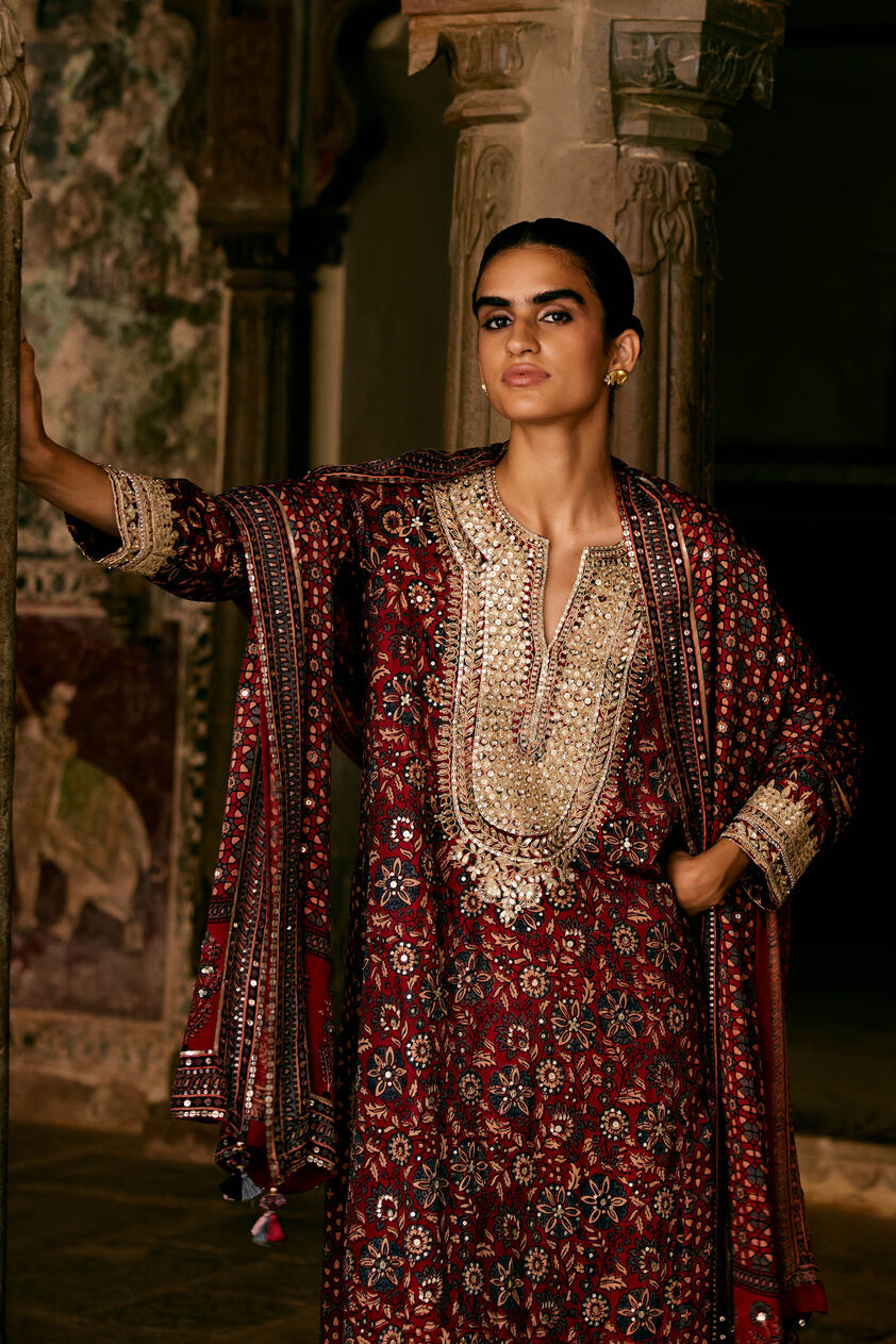 Kasano Ajrakh Hand-block Printed Silk Suit Set - Red, Red, image 1