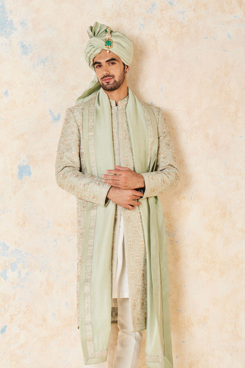 Devarsh Gota Patti & Aari Silk Sherwani - Sage, Sage, image 2