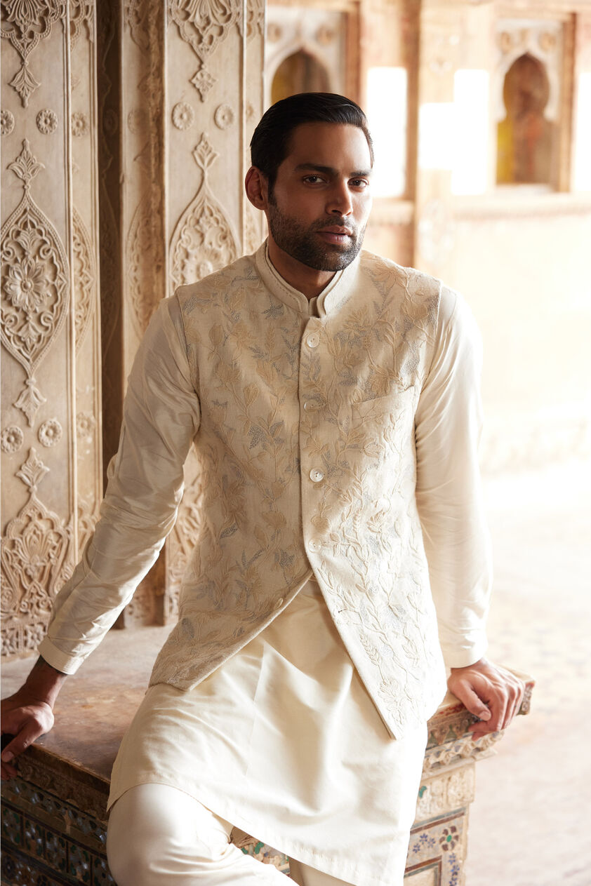 Aaman Embroidered Cord Silk Nehru Jacket - Ivory, Ivory, image 5