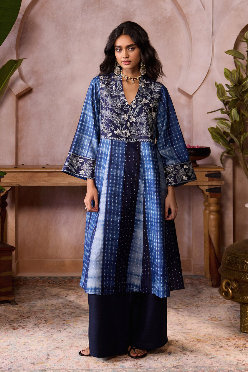Delmore Handcrafted Shibori Silk Kurta Set - Blue, Blue, image 1
