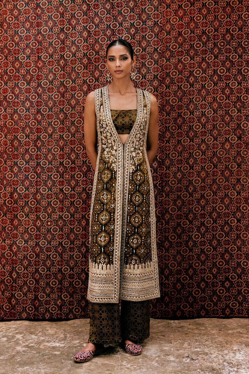 Souheir Ajrakh Hand-block Printed Silk Tabard Set - Olive, Olive, image 1