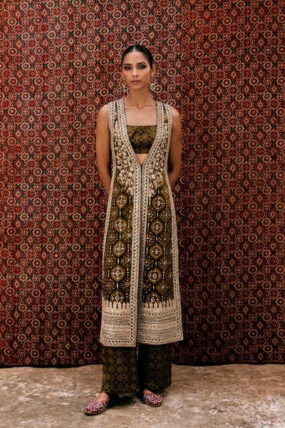 Souheir Ajrakh Hand-block Printed Silk Tabard Set - Olive