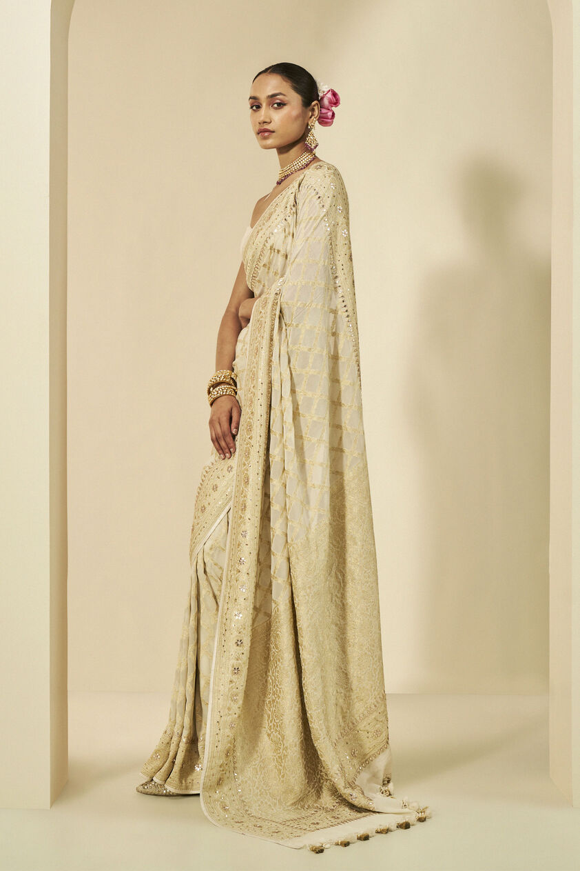 Manjari Benarasi Silk Gota Patti Saree - Cream, Cream, image 2