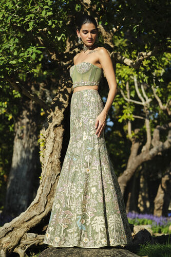 Elodea Embroidered Silk Skirt Set - Sage, Sage, image 2