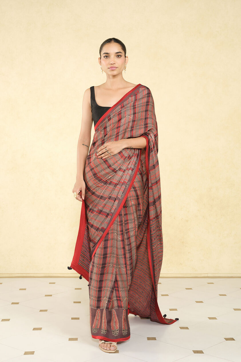 Baadiyah Ajrakh Hand-block Printed Saree - Brown, Brown, image 1