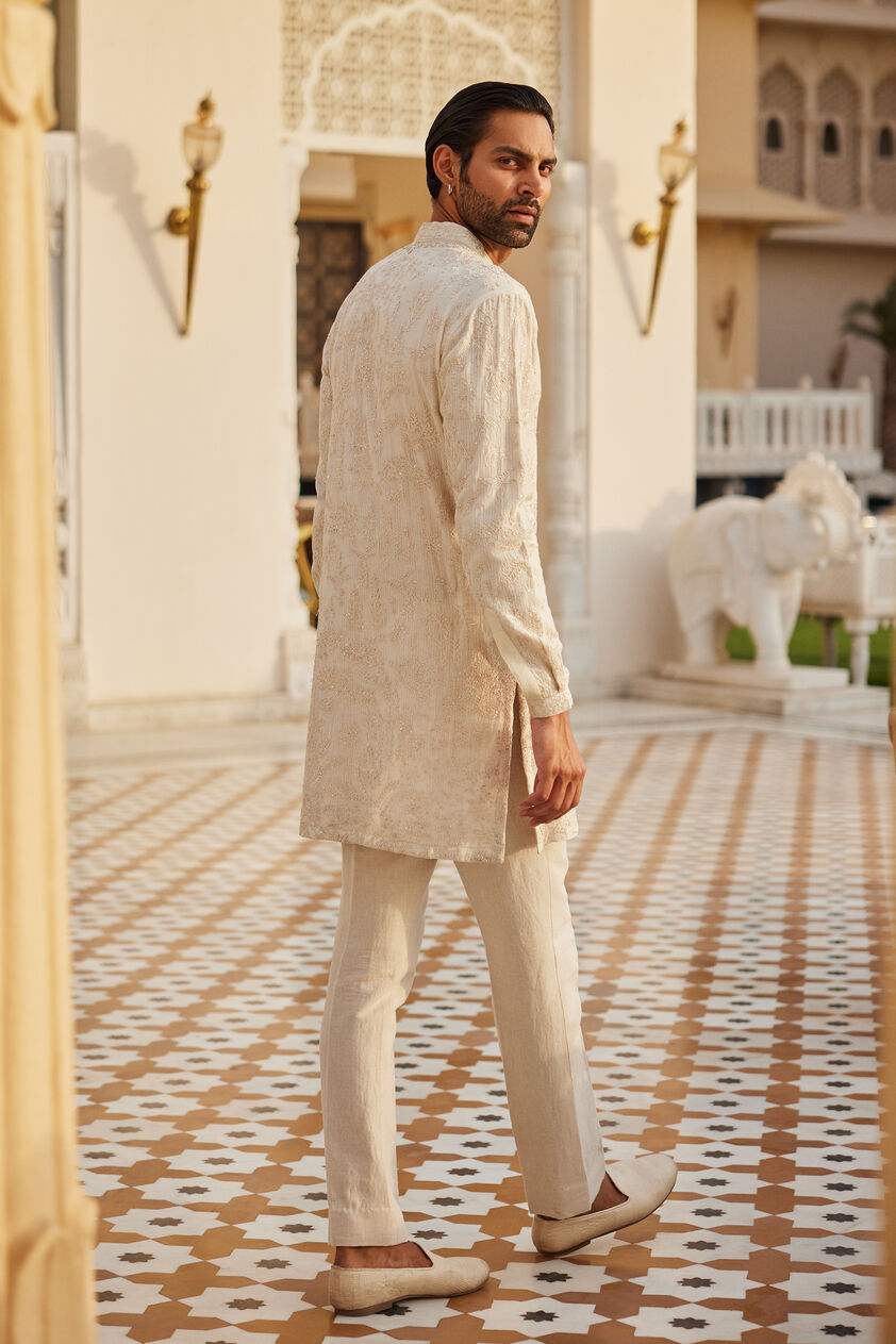 Adyant Embroidered Silk Kurta - Off White, Off White, image 2