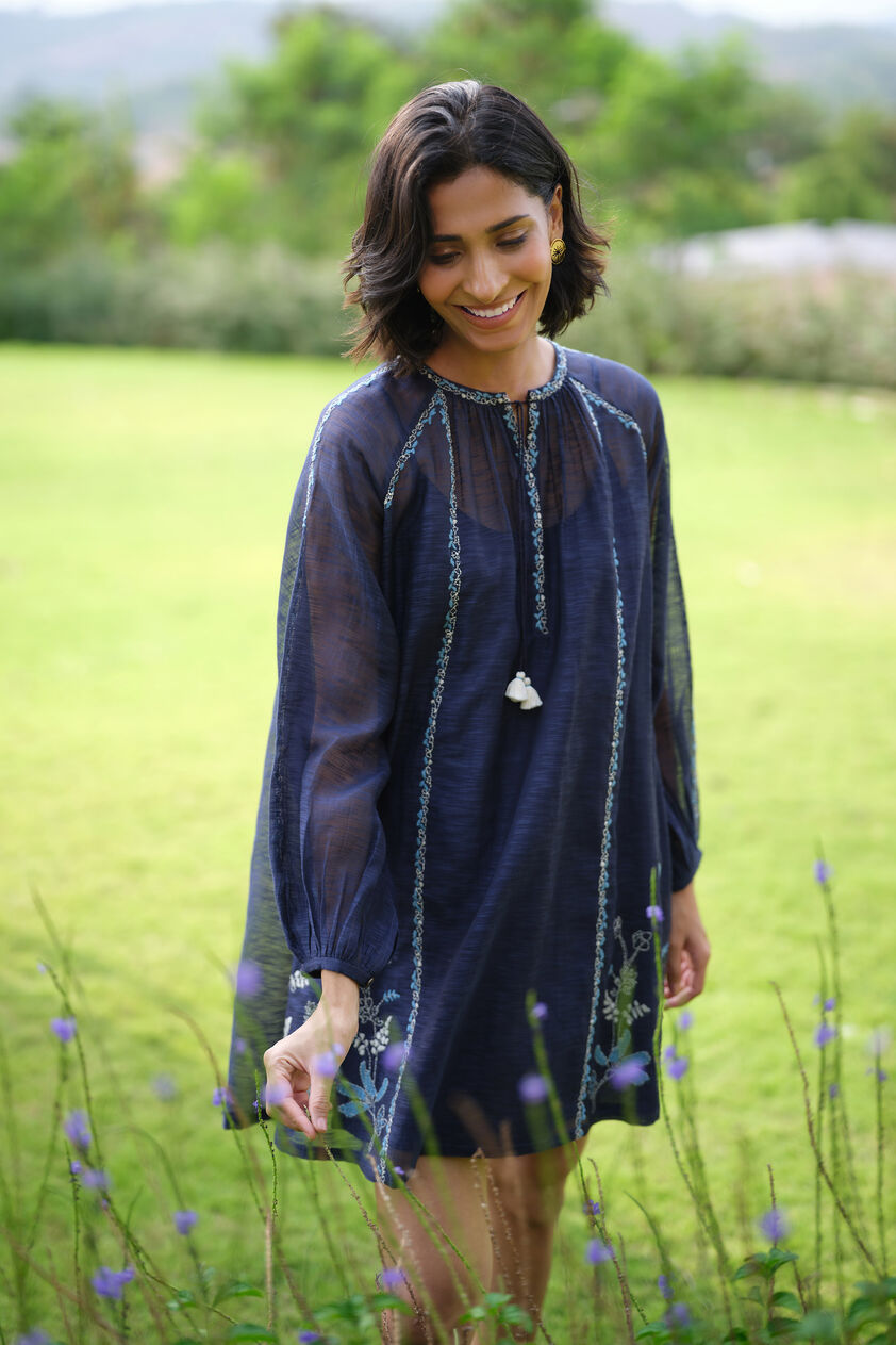 Folia Hand-embroidered Kantha Dress - Indigo, Indigo, image 4