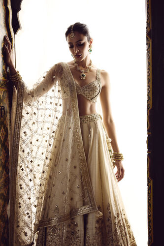 Nalika Gota Patti Silk Lehenga Set - Ivory, Ivory, image 3