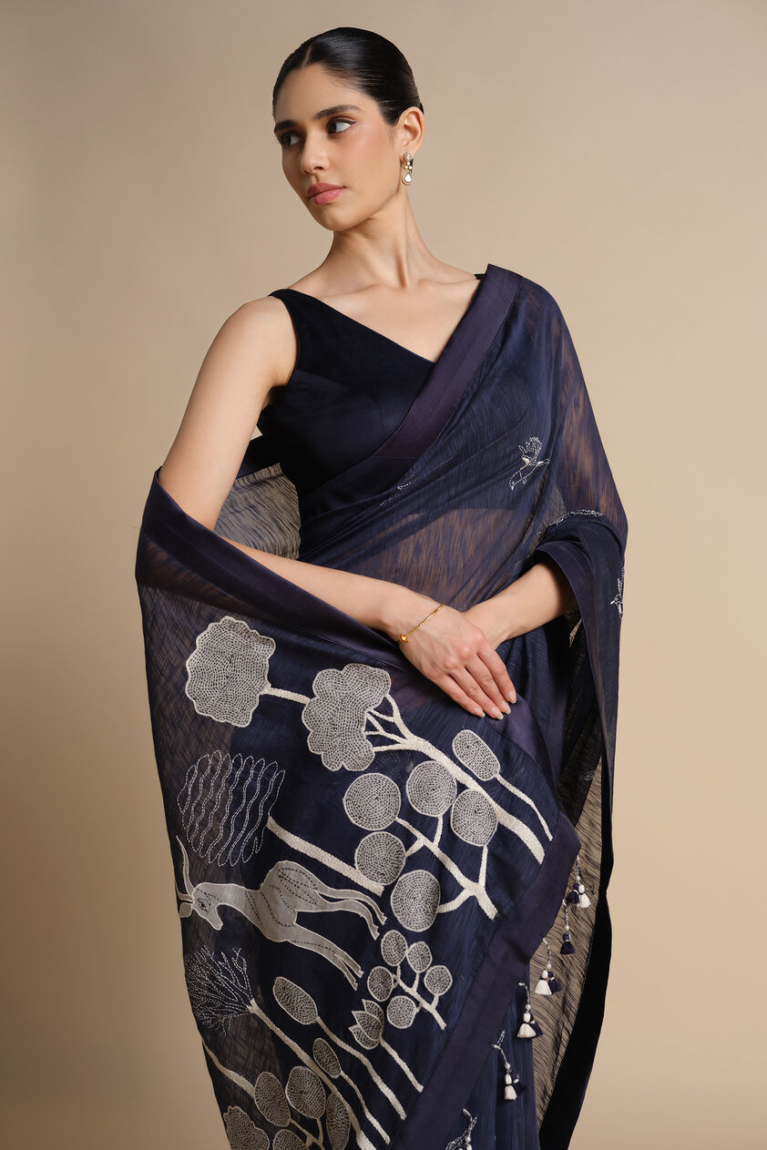 Shahaf Hand-embroidered Kantha Saree - Indigo, Indigo, image 4