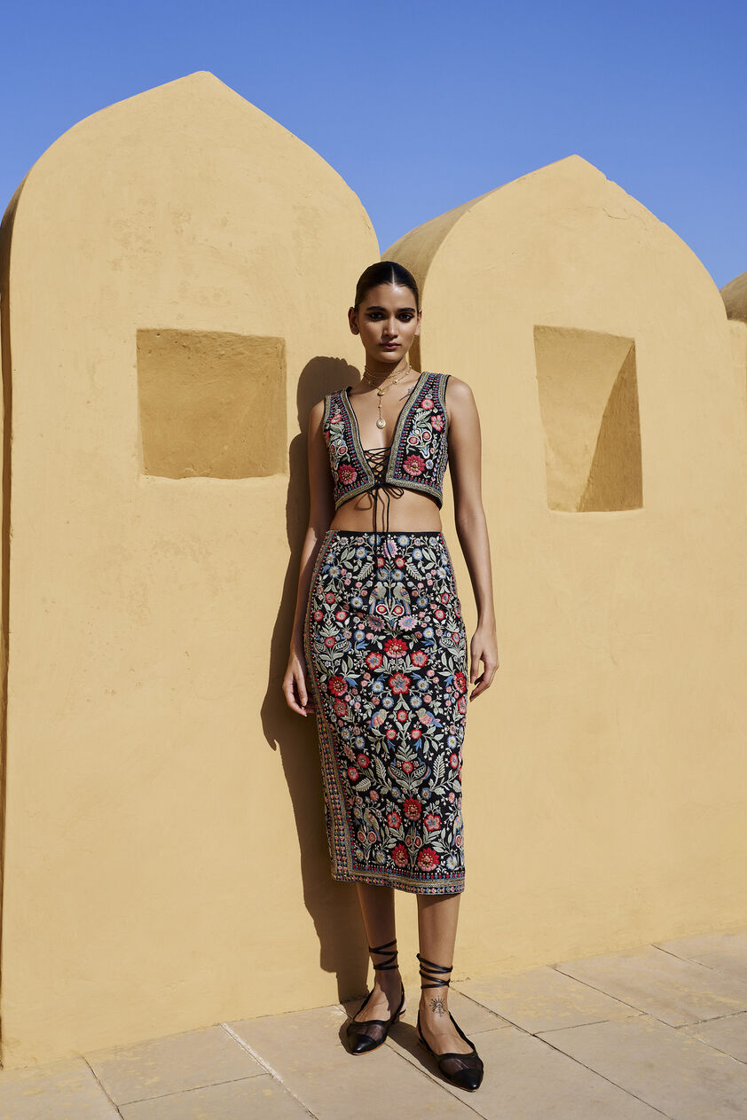 Floral Ballad Embroidered Silk Skirt Set - Black, Black, image 1