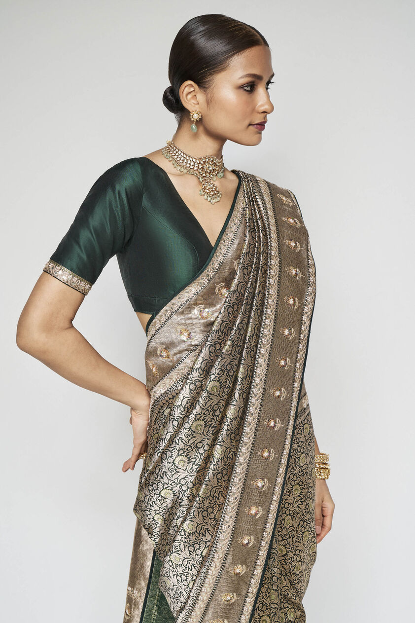 Mriganshi Benarasi Silk Embroidered Saree - Green, Green, image 4
