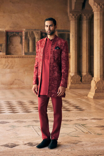 Silas Embroidered Silk Sherwani - Maroon, Maroon, image 1