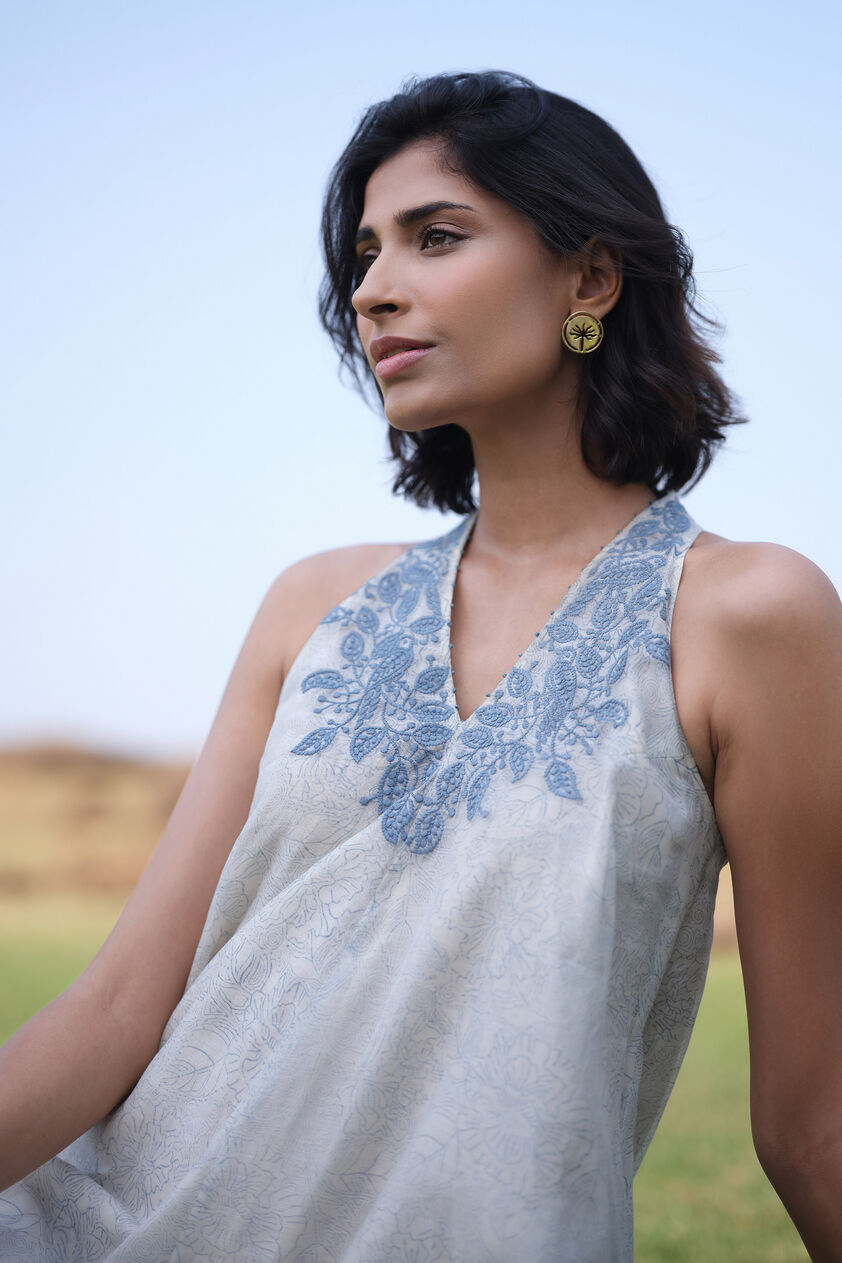 Aves Hand-block Printed Mul Dress - Blue, White, image 6