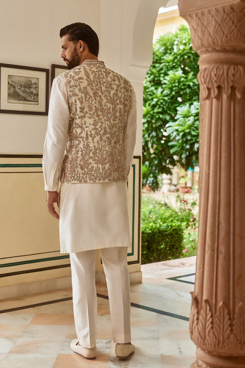 Ishir Embroidered Silk Nehru Jacket - Cream, Cream, image 2