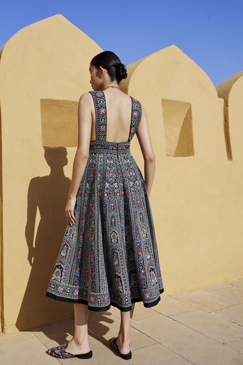 Moonlit Melody Embroidered Zardozi Silk Dress - Black, Black, image 2