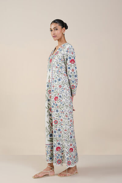 Galaxy of Flowers Embroidered Matka Silk Kaftan - White