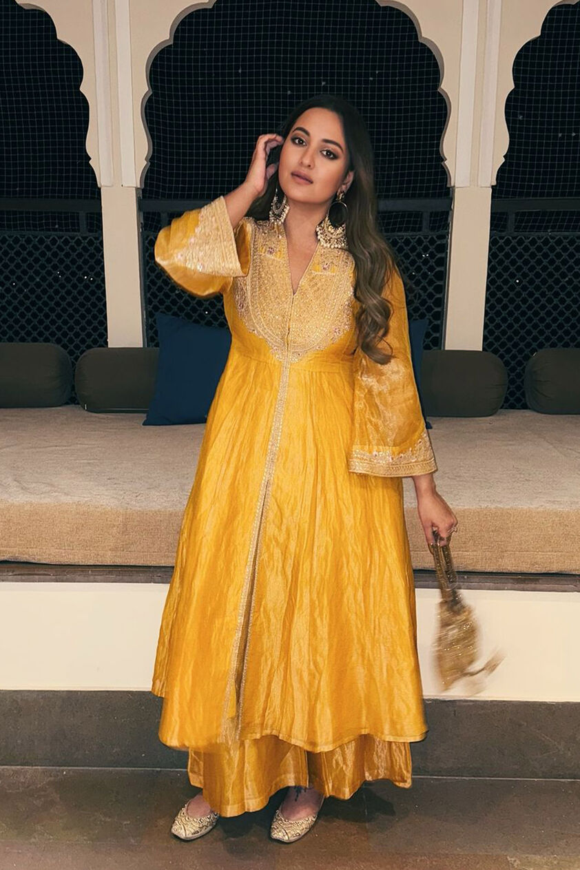 Azha Embroidered Zardozi Silk Jacket Set - Yellow, , image 1