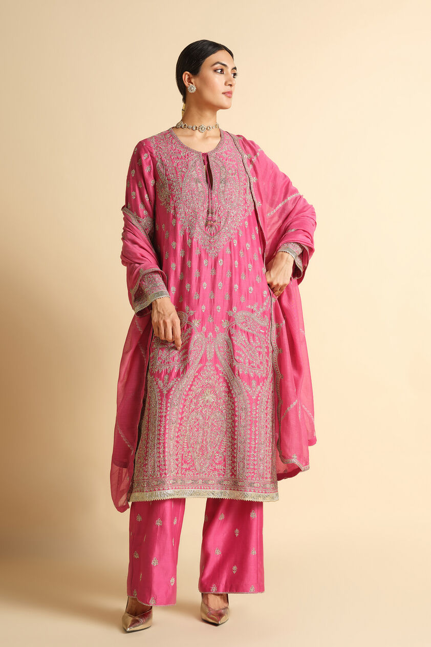 Mrinalika Embroidered Silk Suit Set - Pink, Pink, image 1