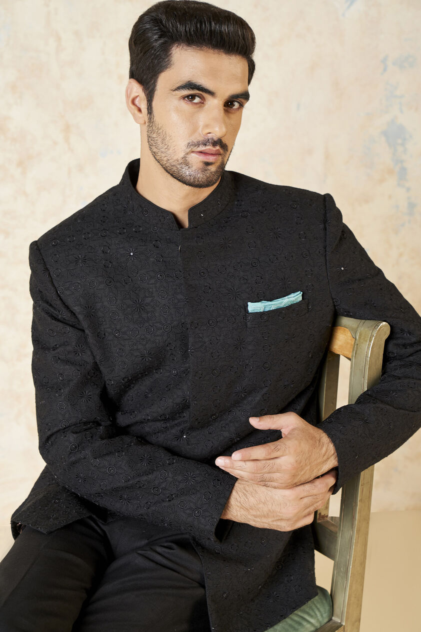 Anveer Embroidered Silk Bandhgala - Black, Black, image 4