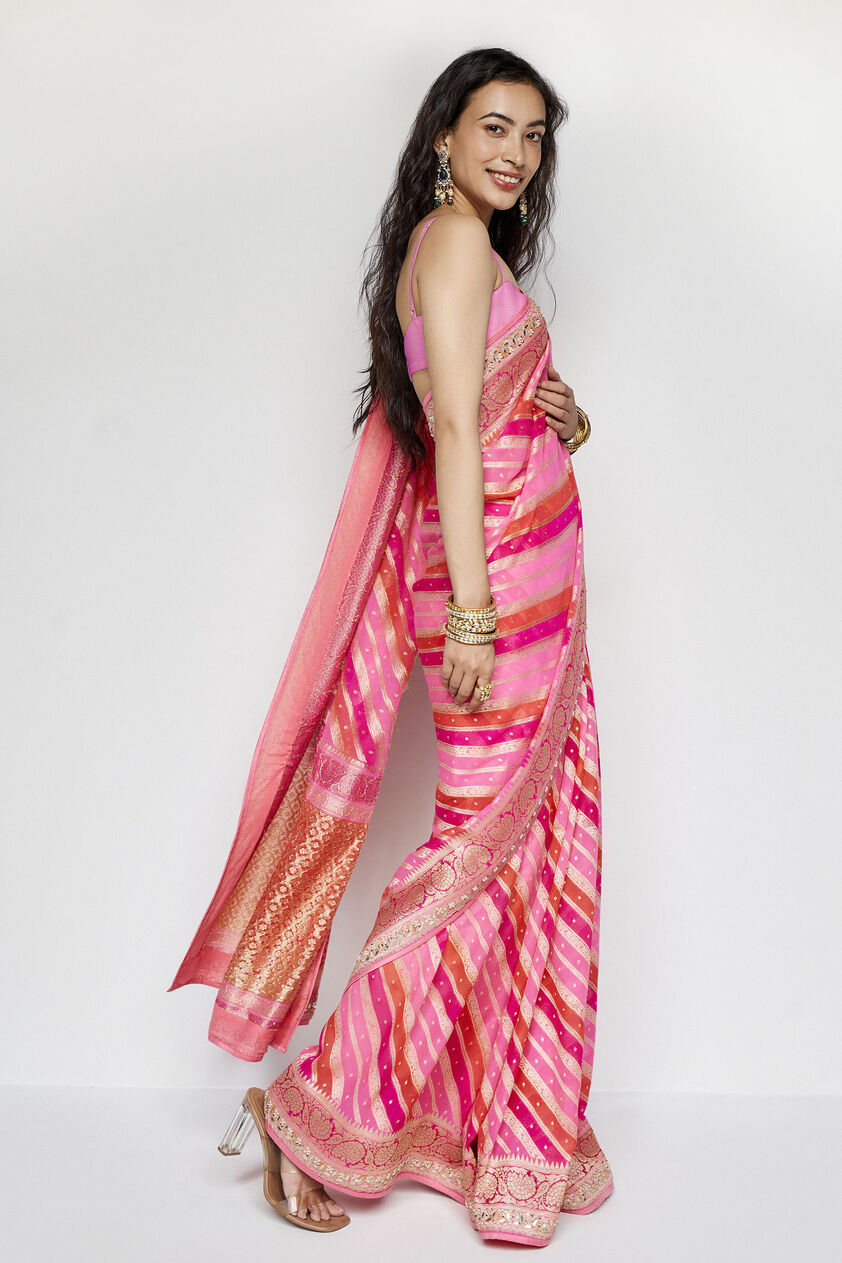 Aheli Benarasi Silk Embroidered Saree - Pink, Pink, image 3