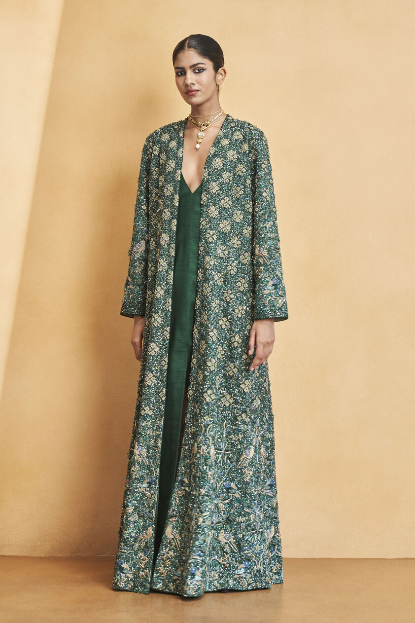 Deep Into The Wild Embroidered Zardozi Silk Jacket Set - Green, Green, image 1