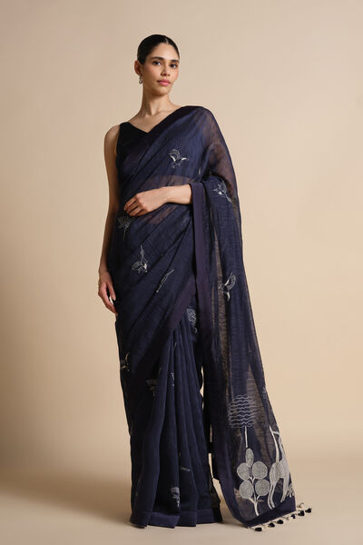 Shahaf Hand-embroidered Kantha Saree - Indigo
