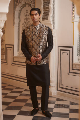 Swarank Handwoven Benarasi Silk Nehru Jacket - Black, Black, image 1