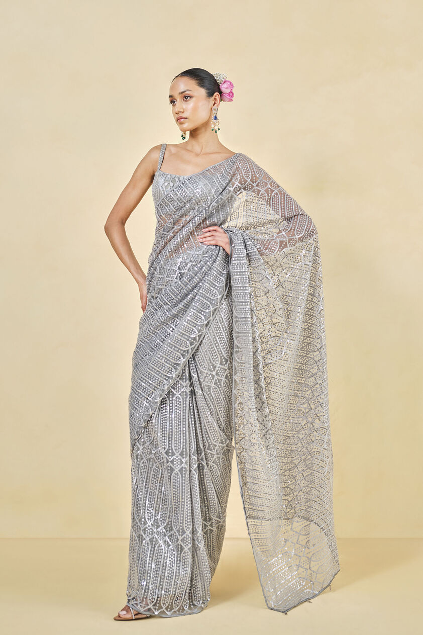 Refa Embroidered Saree - Grey, Grey, image 1