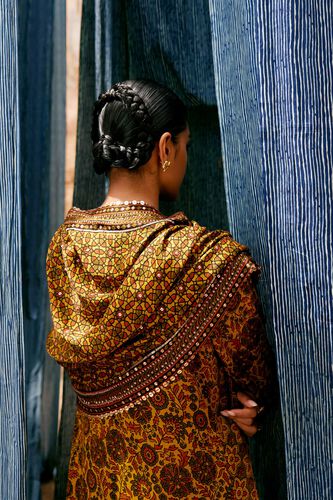 Kasano Ajrakh Hand-block Printed Silk Suit Set - Mustard, Mustard, image 2