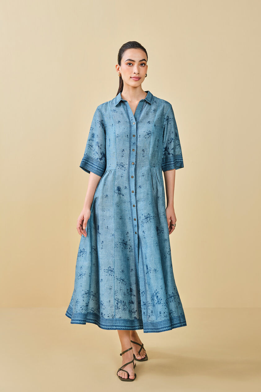 Pond Printed Linen Dress - Blue, Blue, image 5