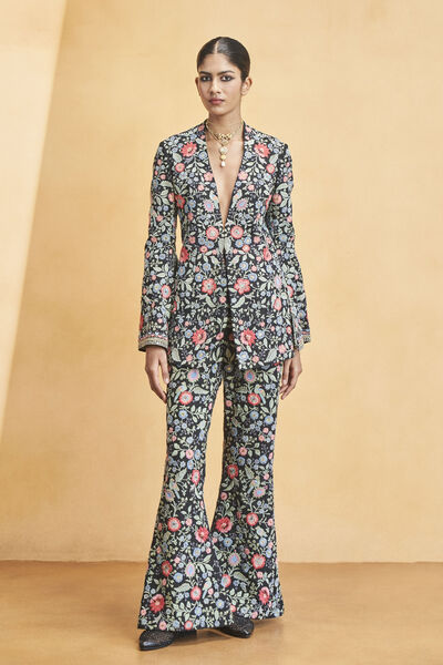 Galaxy Of Flowers Embroidered Zardozi Silk Set - Black