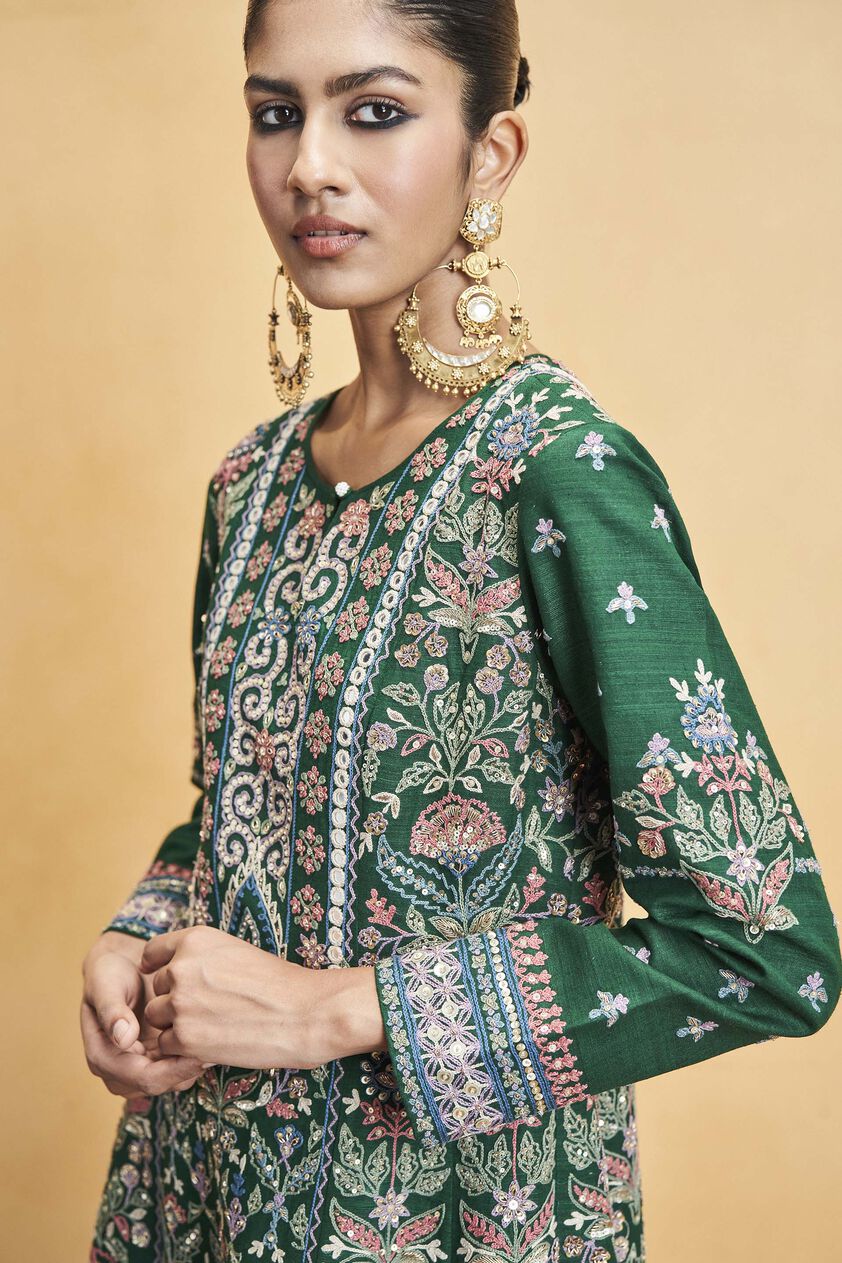 Serenade Of The Trees SEWA Hand-embroidered Silk Kurta Set - Green, Green, image 4