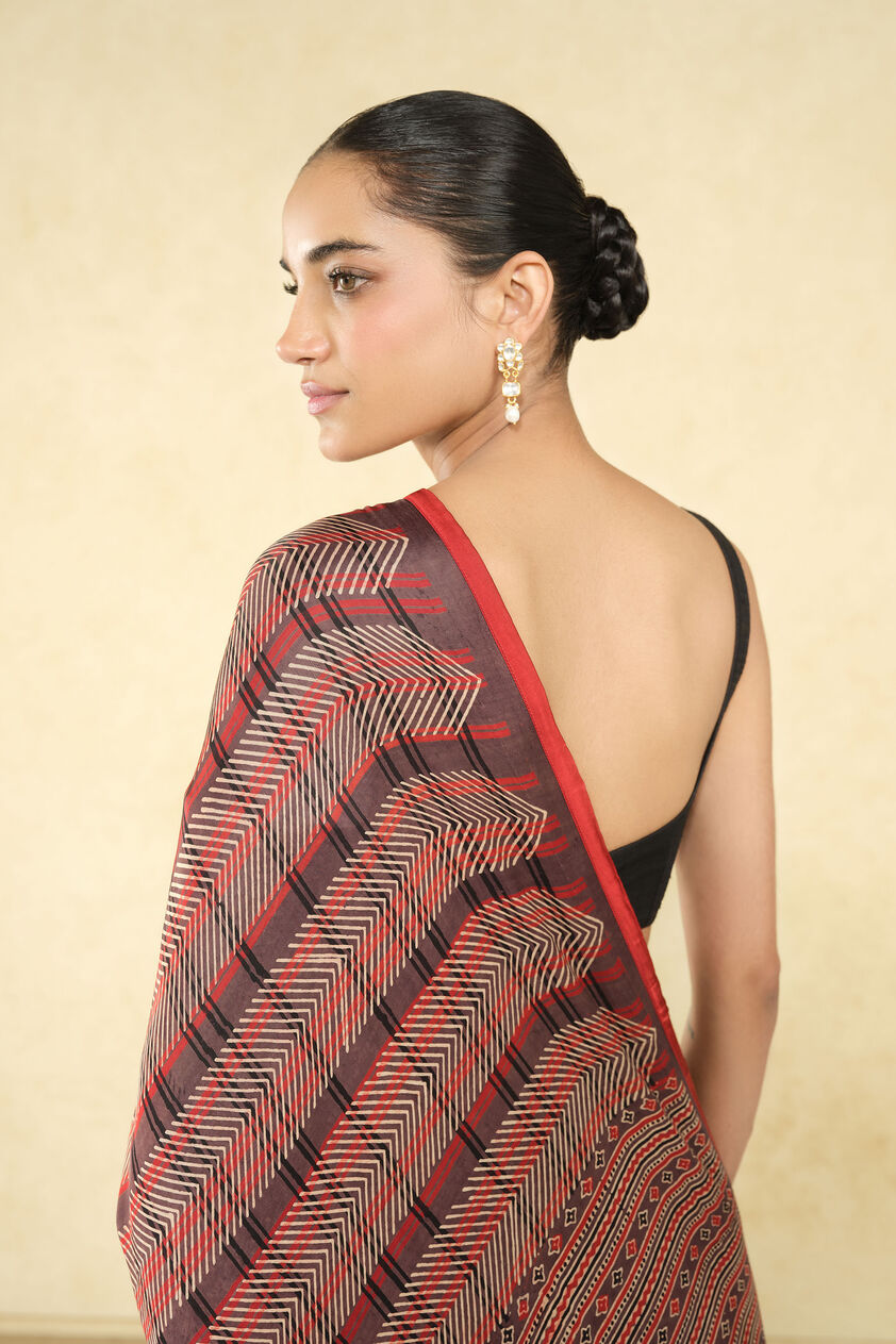 Baadiyah Ajrakh Hand-block Printed Saree - Brown, Brown, image 5