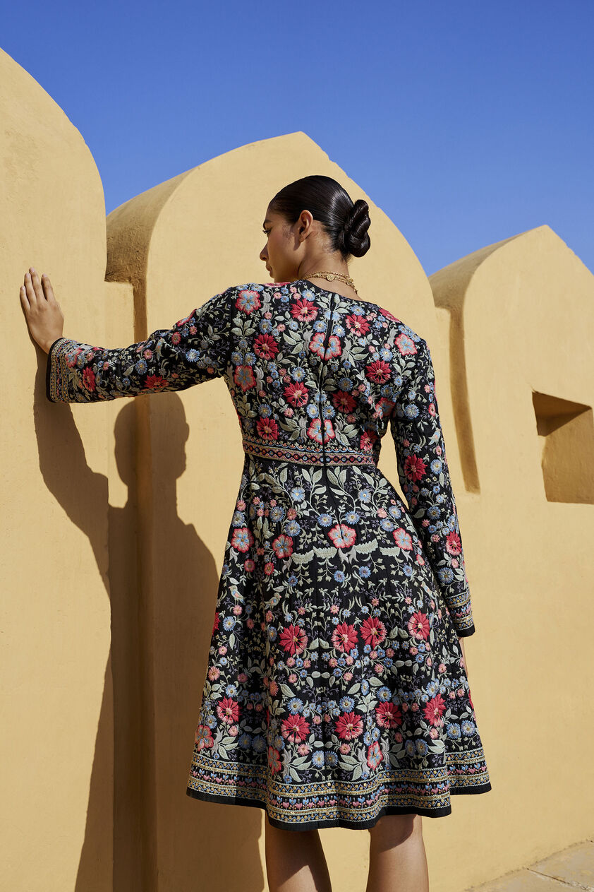 Floral Ballad Embroidered Zardozi Silk Dress - Black, Black, image 2