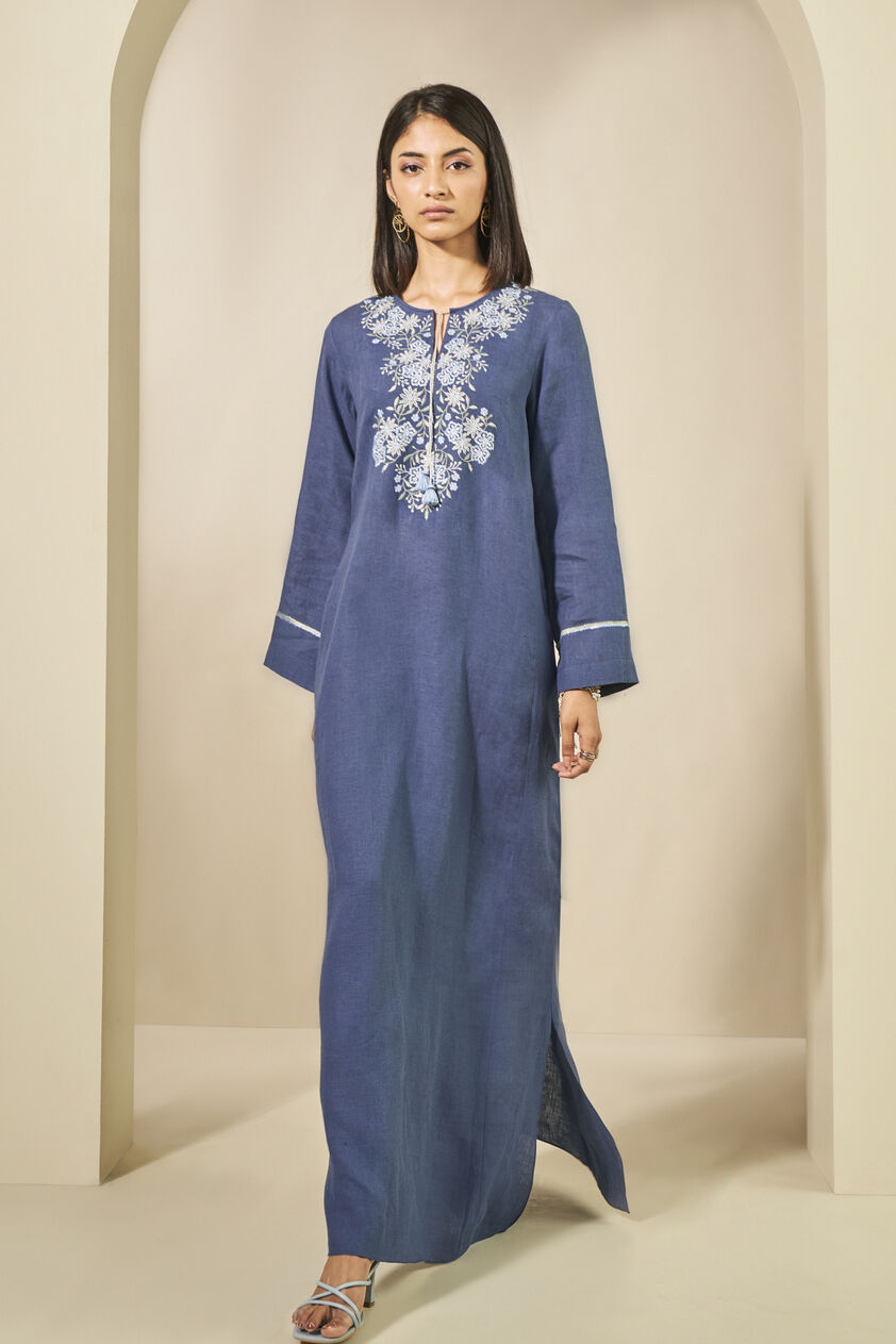 Hyacinth Embroidered Linen Kaftan - Blue, Blue, image 1