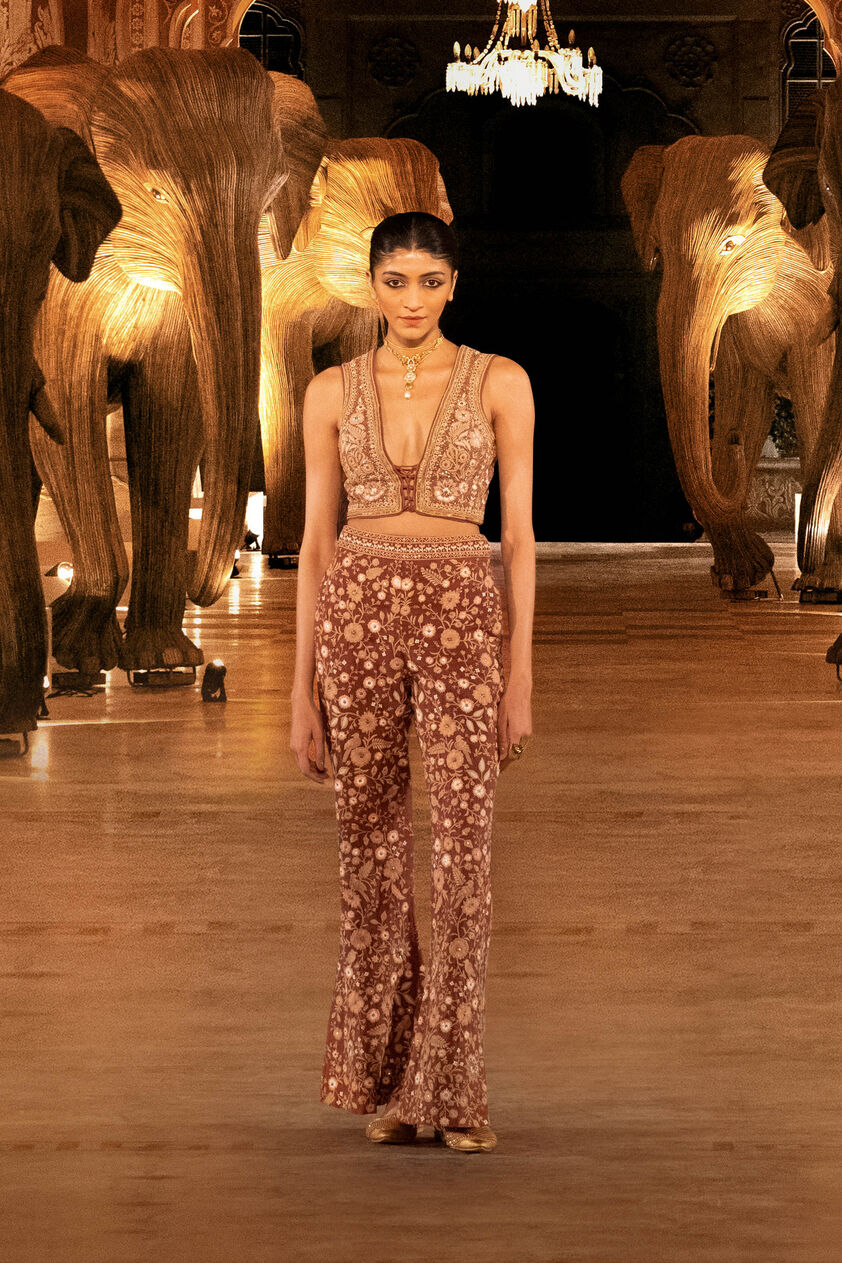Field Of Flowers Embroidered Silk Pant Set - Brown, Brown, image 5