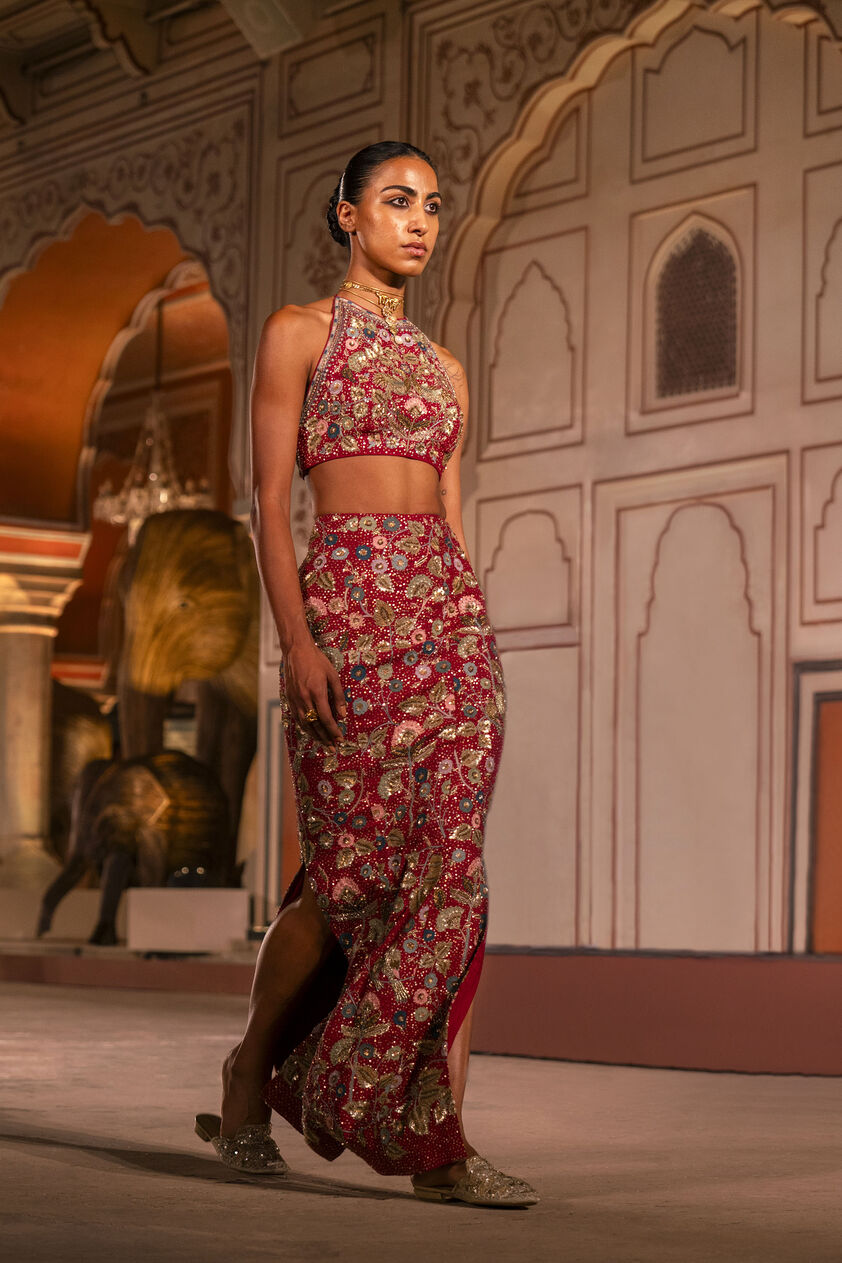 Symphony Of The Wilderness Embroidered Zardozi Silk Skirt Set - Wine, Wine, image 6