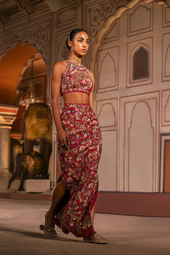 Symphony Of The Wilderness Embroidered Zardozi Silk Skirt Set - Wine, Wine, image 6