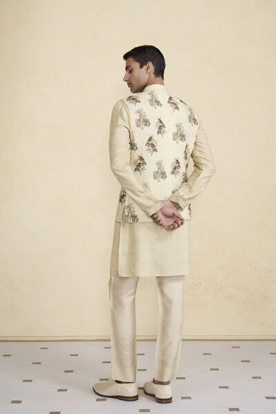Krushan Printed Silk Nehru Jacket - Beige
