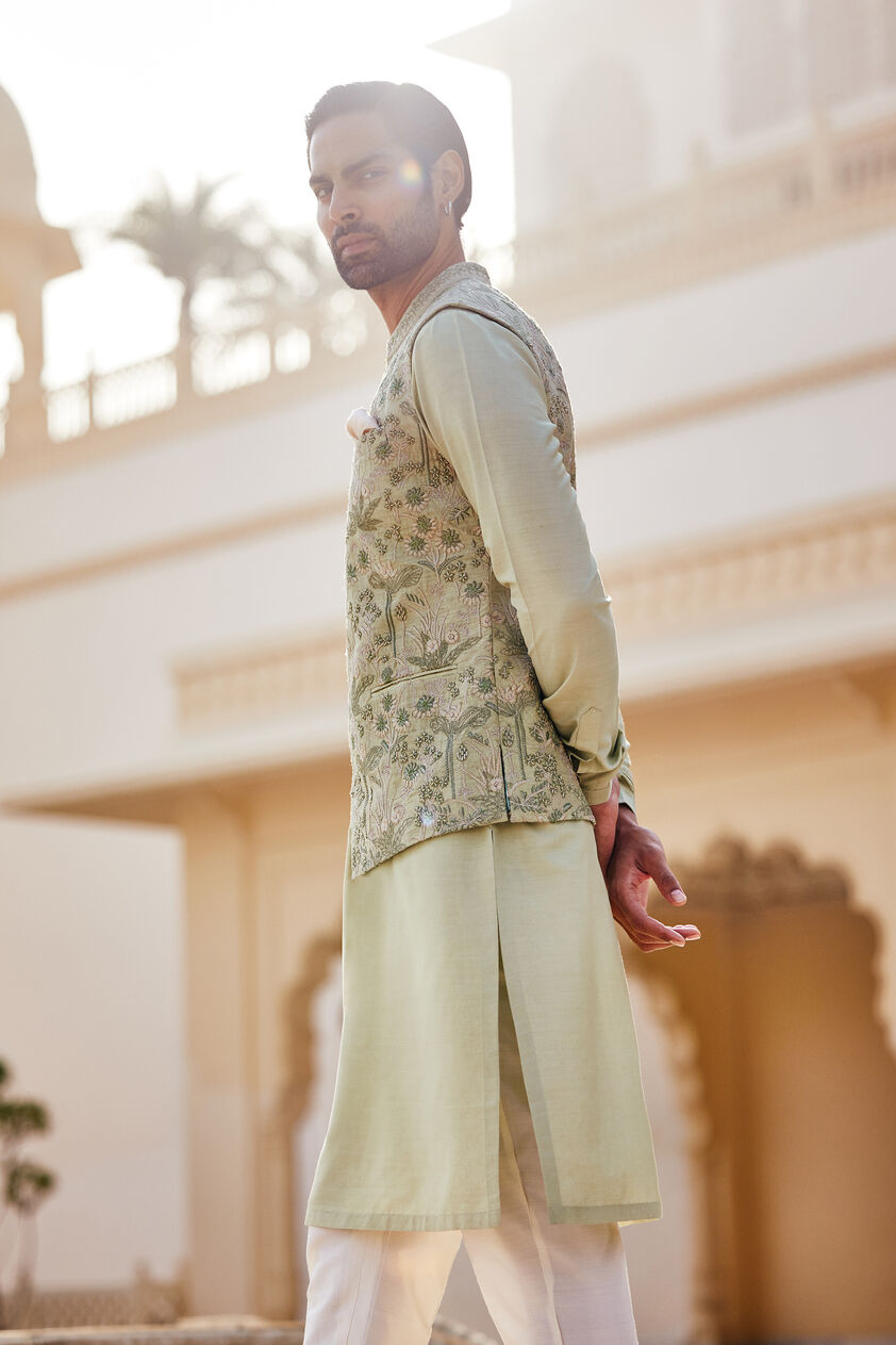 Balfour Embroidered Silk Nehru Jacket - Sage, Sage, image 5