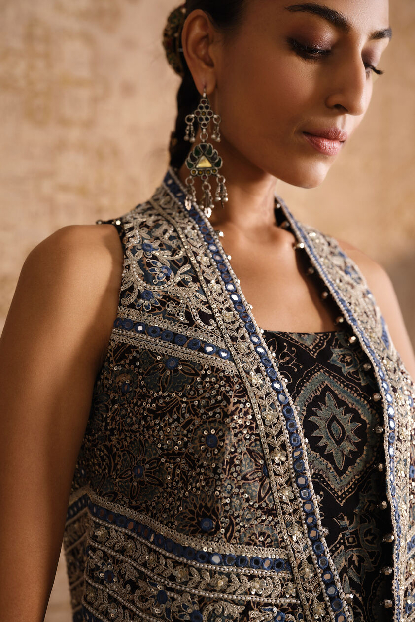 Prishni Ajrakh Hand-block Printed Jacket Set - Black, Black, image 6