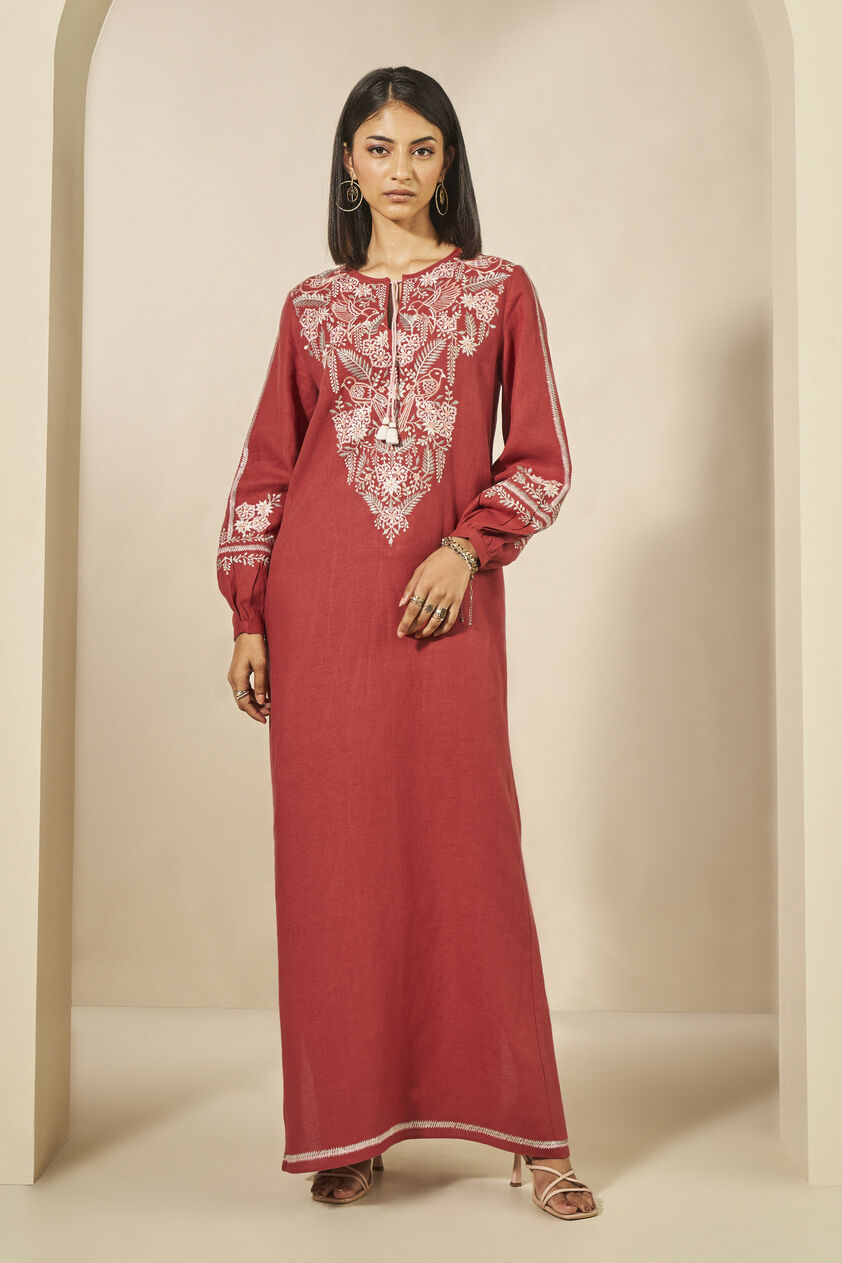 Timandra Embroidered Hemp Kaftan - Rust, Rust, image 1
