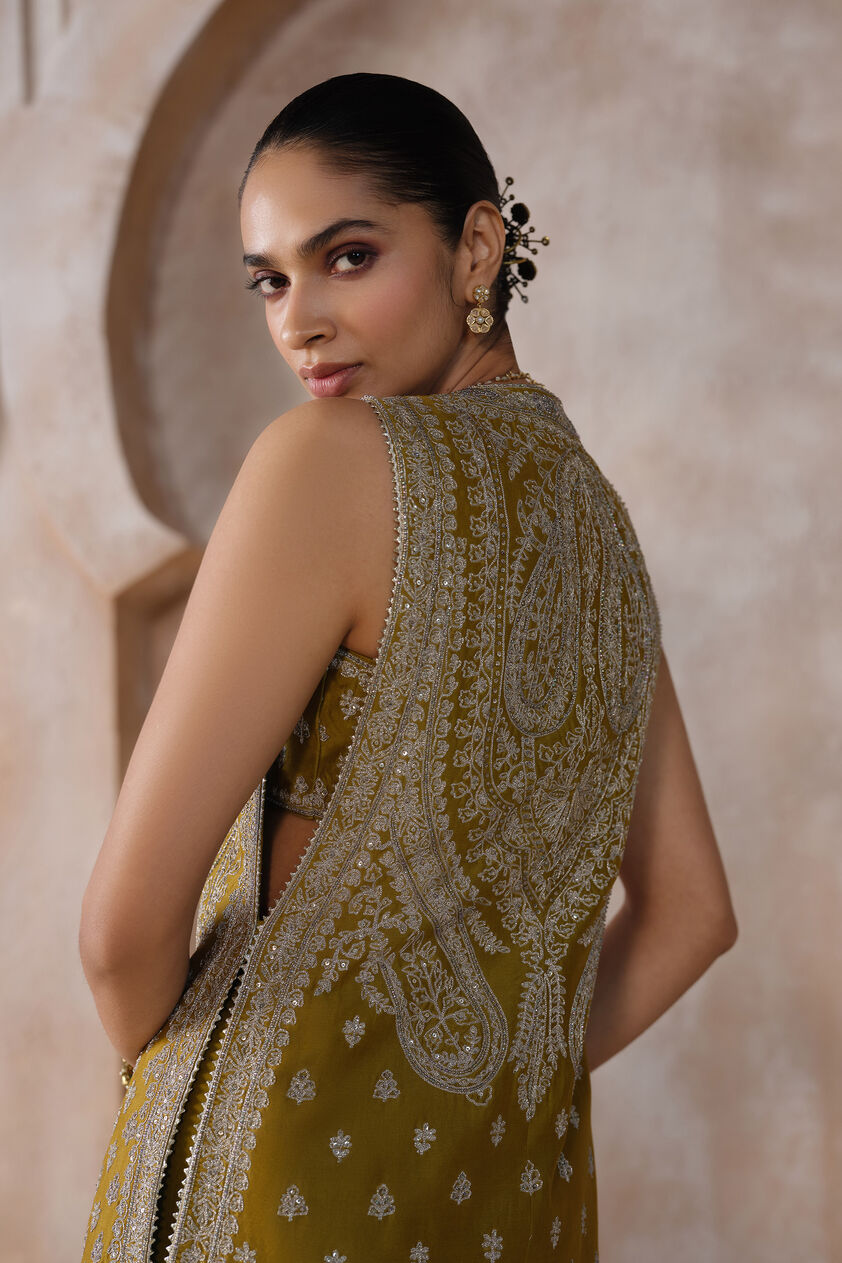 Saagnika Embroidered Silk Tabard Set - Olive, Olive, image 4
