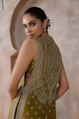 Saagnika Embroidered Silk Tabard Set - Olive, Olive, image 4
