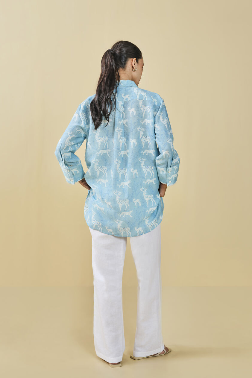 Chital Hand-Block Printed Linen Top  - Blue, Blue, image 7