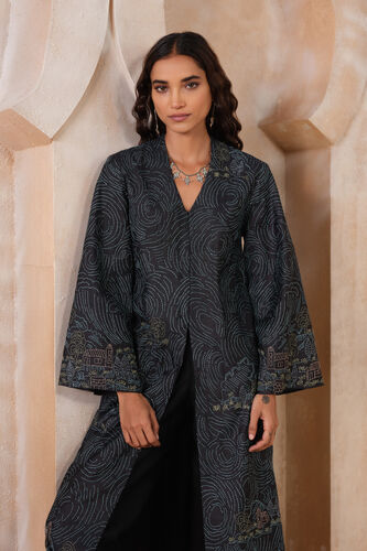 Nieve Hand-embroidered Kantha Silk Jacket Set - Black, Black, image 4