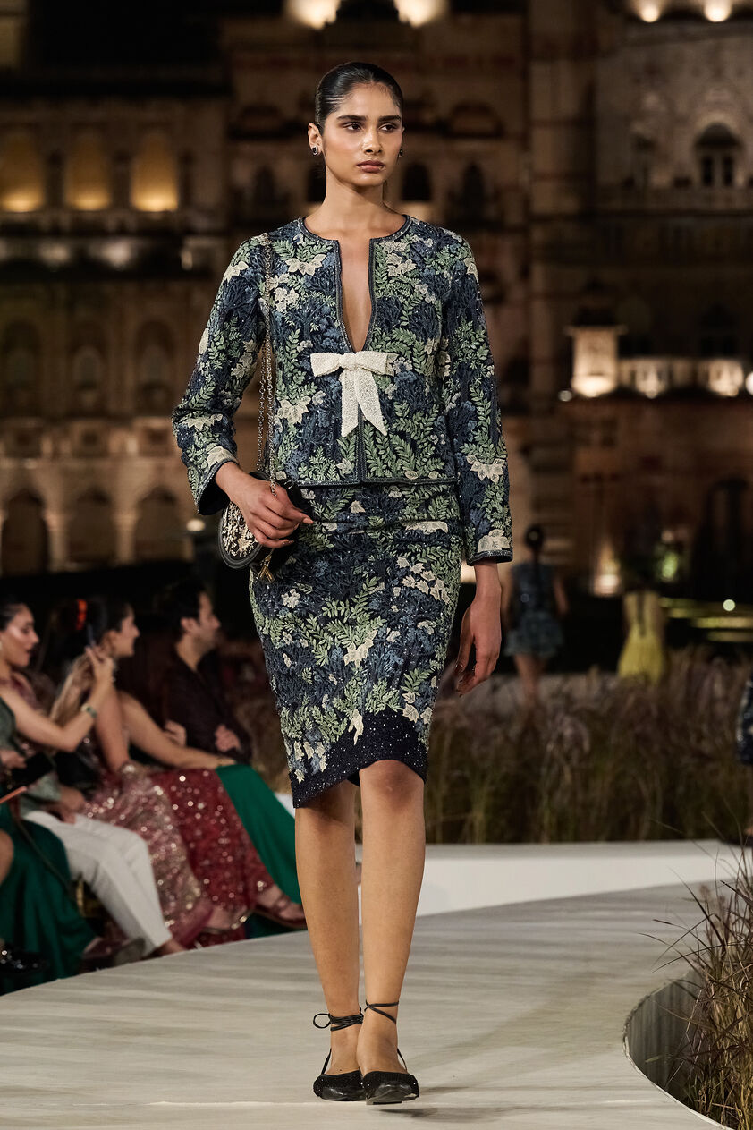 Auralis Embroidered Silk Skirt Set - Blue, Blue, image 1