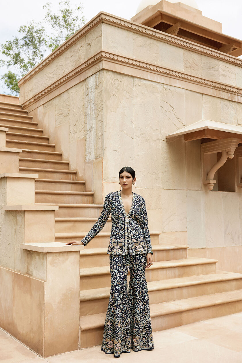 Anupa Zardozi & Resham Silk Jacket Set - Blue, Navy Blue, image 2