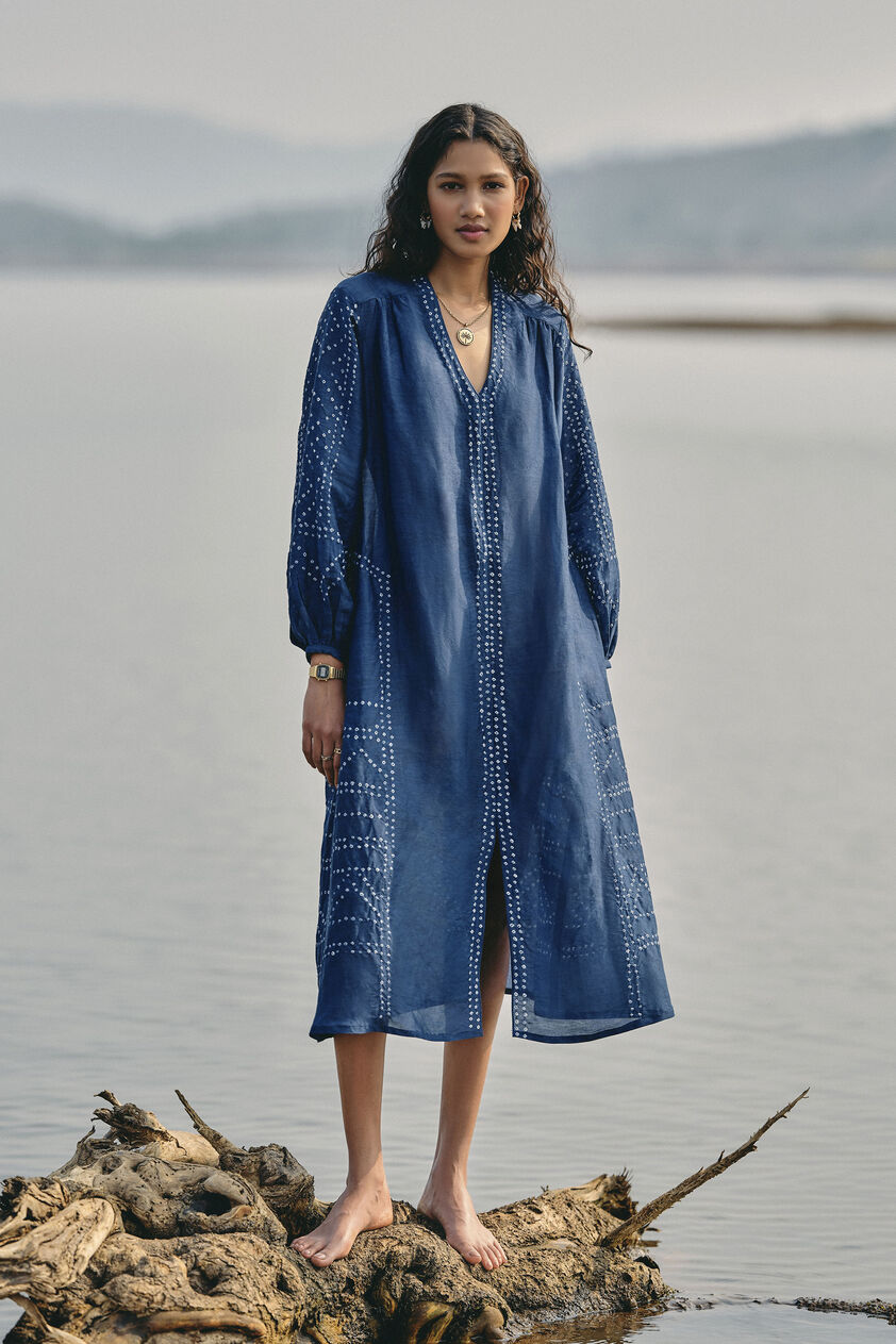 Windswept Handcrafted Bandhani Linen Dress - Indigo, Indigo, image 1