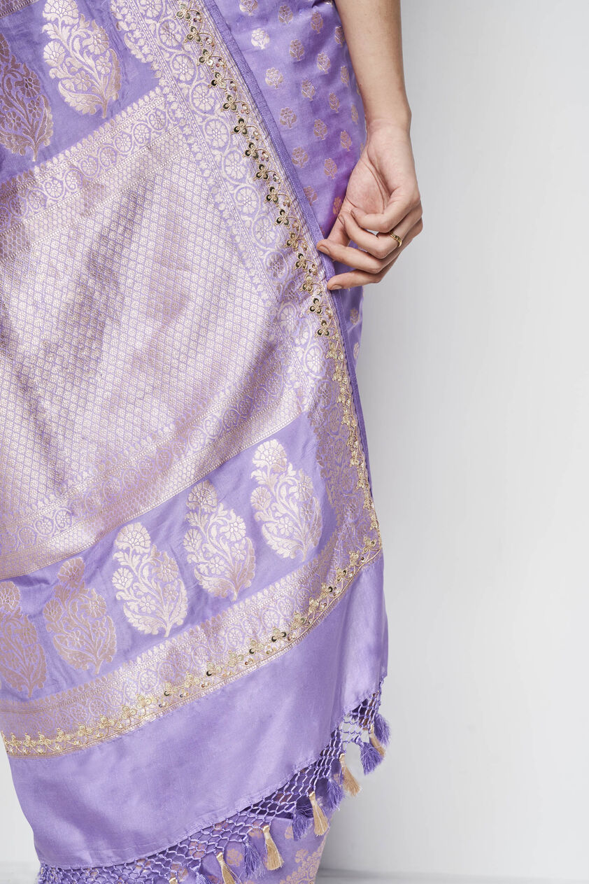 Briti Benarasi Silk Embroidered Saree - Lilac, Lilac, image 6